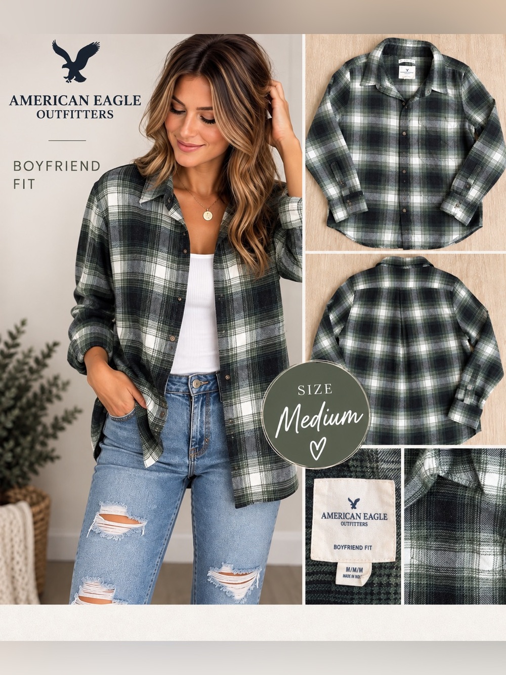 American Eagle Soft Green & White Plaid Boyfriend Flannel Shirt M